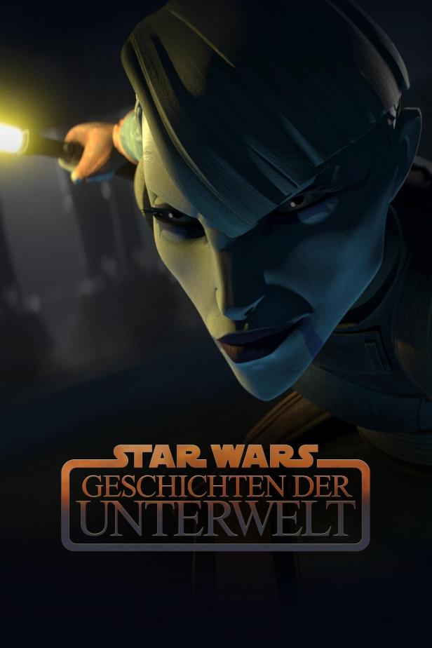 Asajj Ventress mit einem gelben Lichtschwert auf dem Poster für „Star Wars: Geschichten der Unterwelt“.