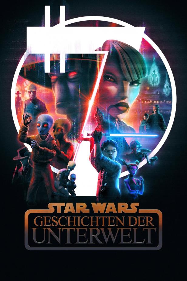 Das Poster für „Star Wars: Geschichten der Unterwelt“ zeigt verschiedene Charaktere und Jedi mit Lichtschwertern.