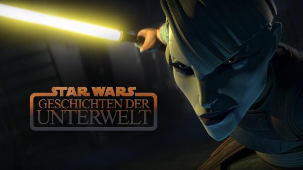 Ein animiertes Porträt von Asajj Ventress mit einem gelben Lichtschwert vor dem Logo von „Star Wars: Geschichten der Unterwelt“.