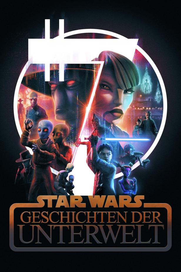 Das Poster für „Star Wars: Geschichten der Unterwelt“ zeigt verschiedene Charaktere und Lichtschwerter.