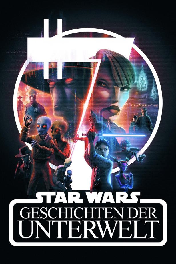 Das Poster für „Star Wars: Geschichten der Unterwelt“ zeigt verschiedene Charaktere mit Lichtschwertern.