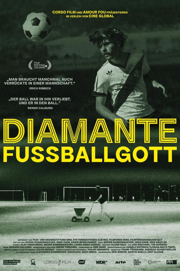 Das Filmplakat für „Diamante Fussballgott“ zeigt einen Fußballer und den Titel des Films.