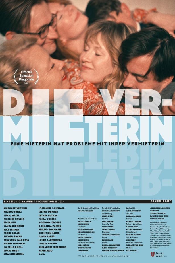Das Filmplakat zu „Die Vermieterin“ zeigt eine Gruppe von Menschen, die eng beieinanderliegen.
