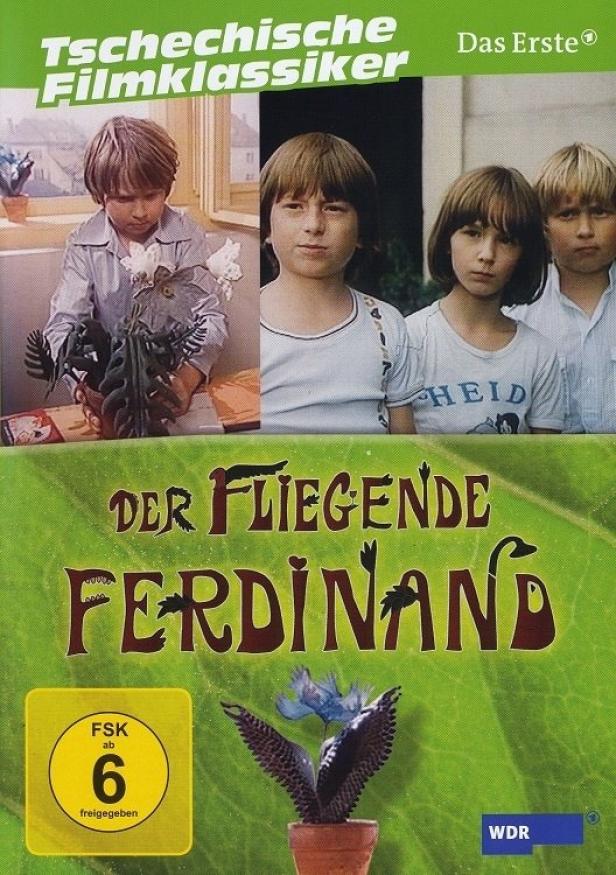 Das Cover des tschechischen Films „Der Fliegende Ferdinand“ mit Kindern und einer fliegenden Pflanze.