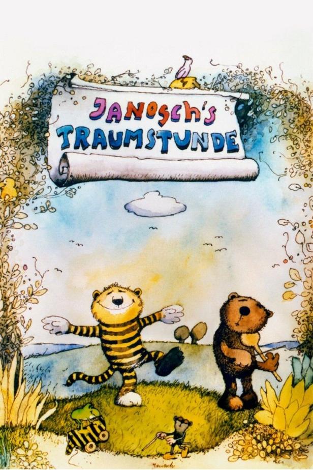 Illustration von Janoschs „Traumstunde“ mit Tiger, Bär und anderen Figuren.