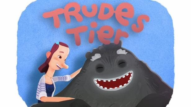 Eine Illustration von Trude, die ihr Tier umarmt, mit dem Titel „Trudes Tier“ im Hintergrund.
