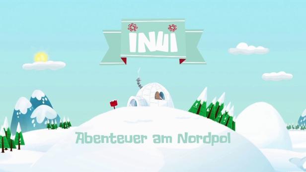 Cartoon-Darstellung einer Winterlandschaft mit dem Schriftzug „INUI – Abenteuer am Nordpol“.