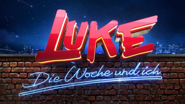 Das Logo der Sendung „Luke! Die Woche und ich“ vor einer Skyline bei Nacht.