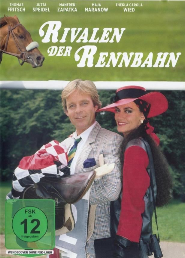 Das Filmplakat zu „Rivalen der Rennbahn“ zeigt einen Mann und eine Frau vor einer Rennbahnkulisse.