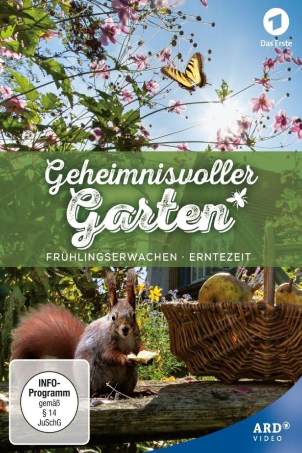 Ein Eichhörnchen sitzt im „Geheimnisvollen Garten“ neben einem Korb mit Birnen.