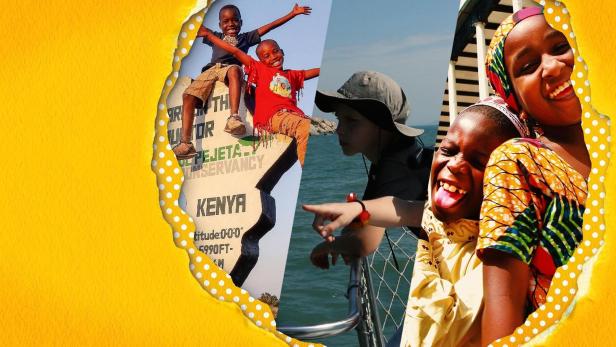 Collage mit fröhlichen Kindern in Kenia, einige auf einem Boot.