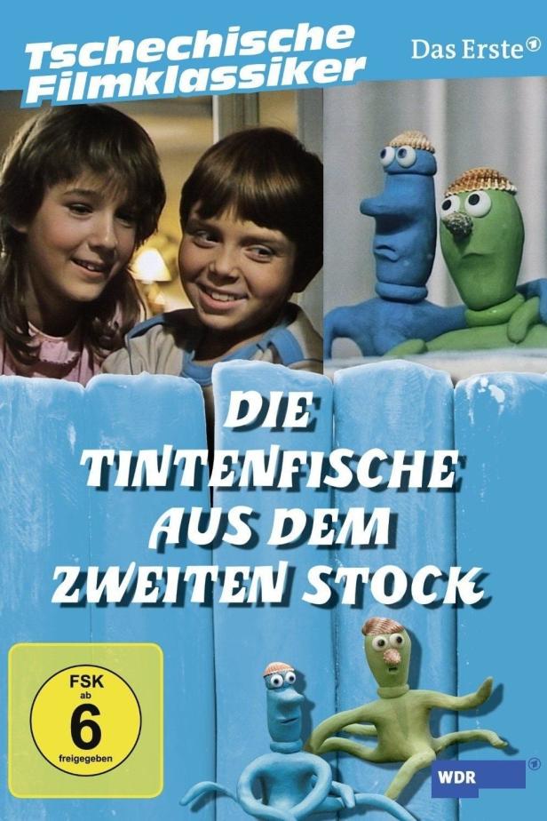 Das Filmplakat für „Die Tintenfische aus dem zweiten Stock“ zeigt Kinder und animierte Figuren.