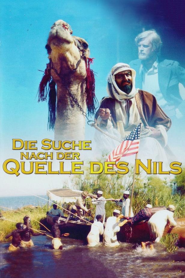 Das Filmplakat für „Die Suche nach der Quelle des Nils“ zeigt eine Expedition auf dem Nil.