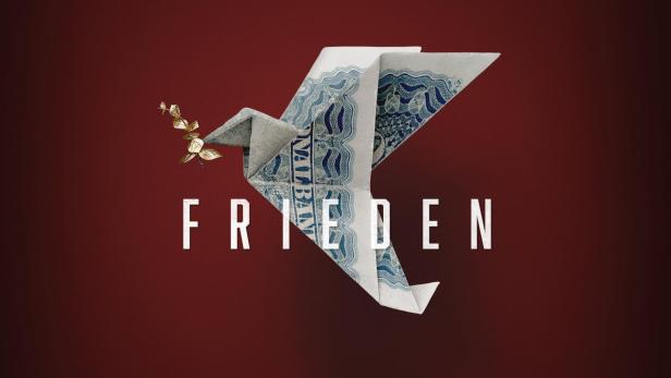 Ein Origami-Friedenstaube mit einem goldenen Zweig vor einem roten Hintergrund.