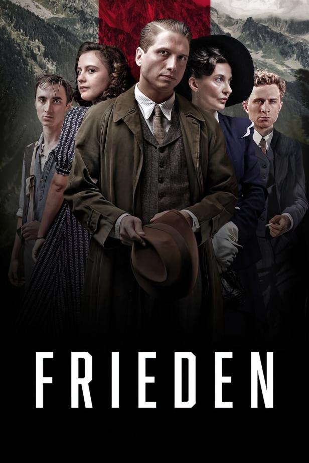 Das Filmplakat für „Frieden“ zeigt eine Gruppe ernst blickender Menschen vor einer Bergkulisse.