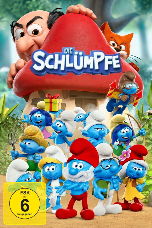 Das Filmplakat für „Die Schlümpfe“ zeigt die Schlümpfe, Gargamel und Azrael vor einem Pilzhaus.