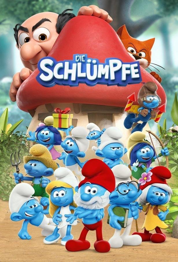 Das Poster für „Die Schlümpfe“ zeigt die Schlümpfe, Gargamel und Azrael vor einem Pilzhaus.