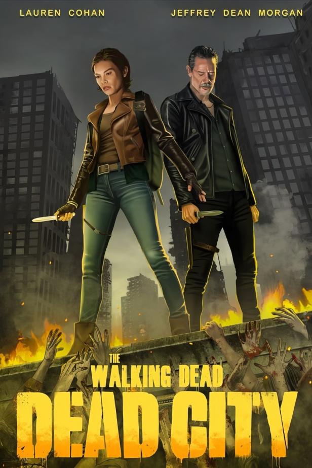 Lauren Cohan und Jeffrey Dean Morgan stehen auf einem Dach voller Zombies in „The Walking Dead: Dead City“.