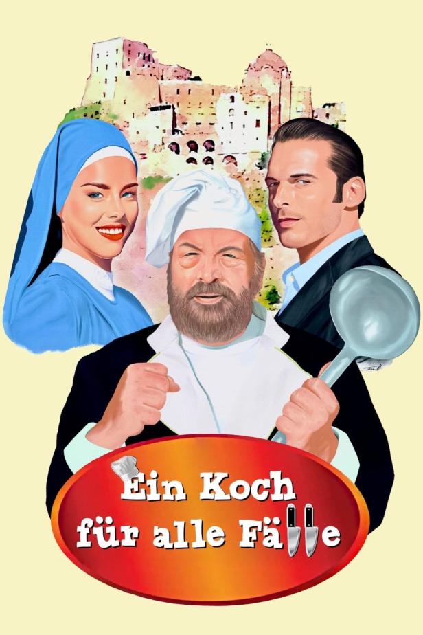 Das Filmplakat für „Ein Koch für alle Fälle“ zeigt Bud Spencer als Koch zwischen einer Nonne und einem Mann im Anzug.