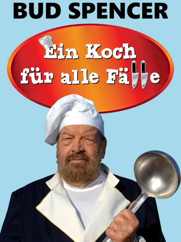 Bud Spencer als Koch mit Schöpfkelle vor dem Filmtitel „Ein Koch für alle Fälle“.