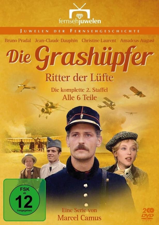 Das Cover der DVD „Die Grashüpfer – Ritter der Lüfte“ mit Bruno Pradal, Jean-Claude Dauphin und Christine Laurent.