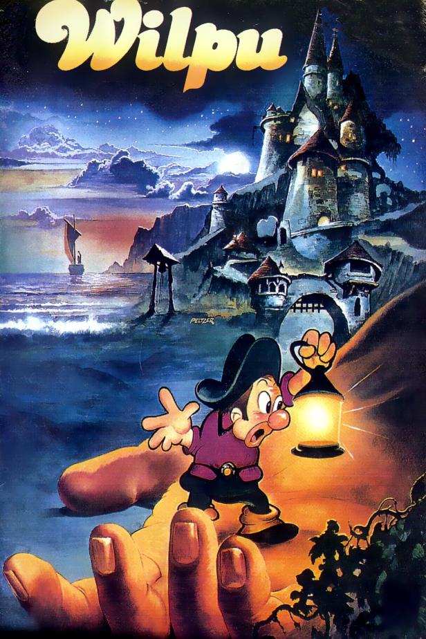 Ein Cartoon-Zwerg namens Wilpu steht mit einer Laterne in der Hand auf einer riesigen Hand vor einer Burg am Meer.