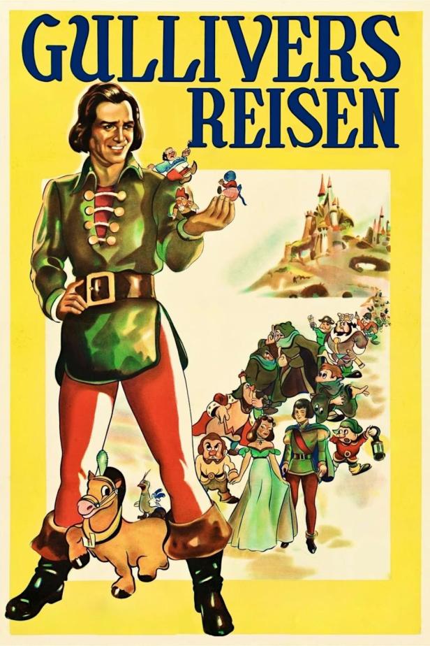 Ein Filmposter für „Gullivers Reisen“ mit Gulliver, Liliputanern und einer Burg.