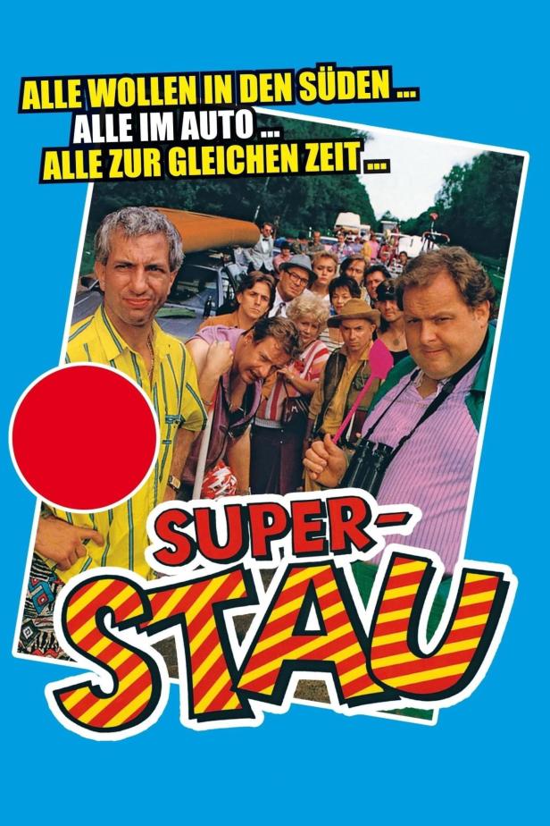 Das Filmplakat für „Superstau“ zeigt eine Gruppe von Menschen, die in den Süden reisen wollen.