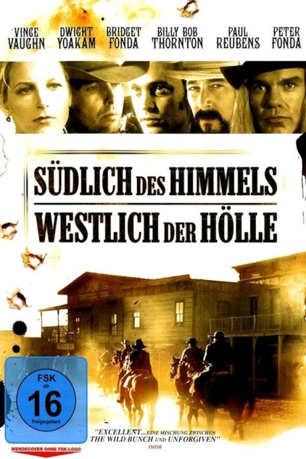 Das Filmplakat für „Südlich des Himmels, westlich der Hölle“ zeigt eine Westernszene mit reitenden Cowboys.