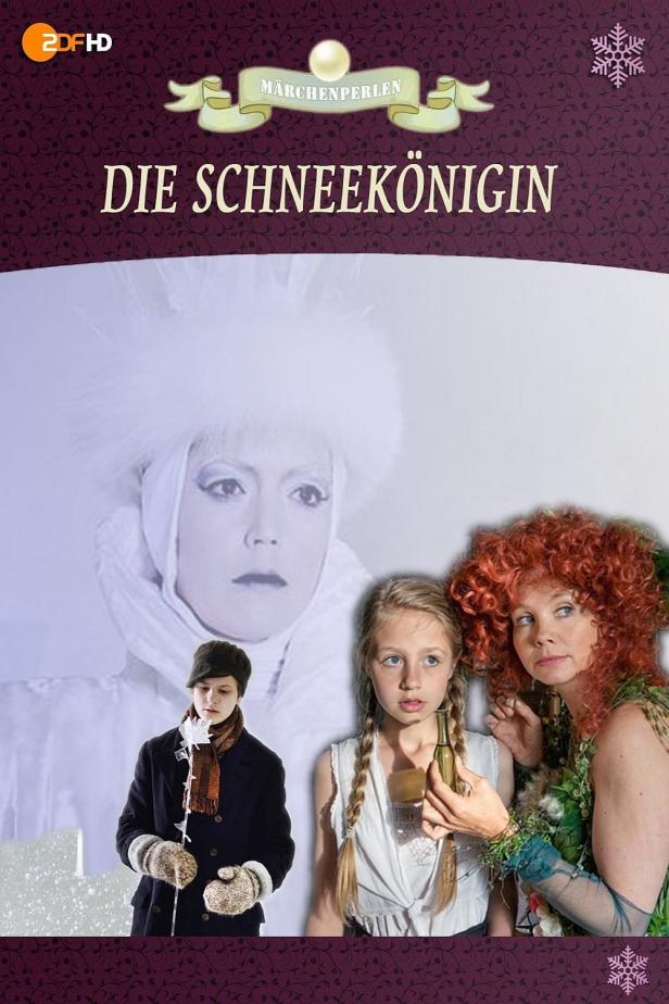 Das Filmplakat zu „Die Schneekönigin“ zeigt die Schneekönigin, Gerda, Kay und die Blumenfrau.