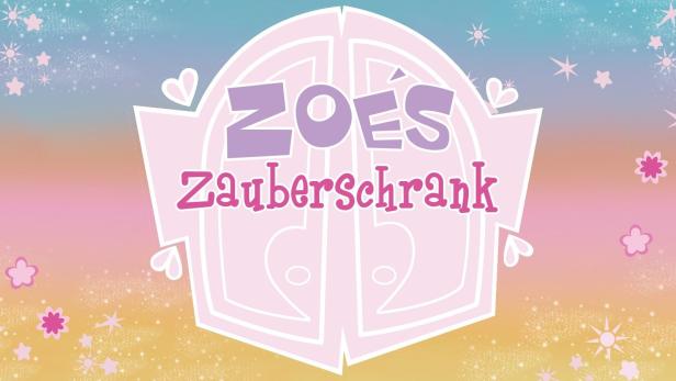 Das Logo der Kindersendung „Zoés Zauberschrank“ vor einem bunten Hintergrund.