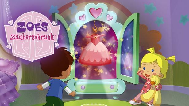 Zwei Kinder stehen vor Zoes Zauberschrank, in dem ein rosa Kleid schwebt.