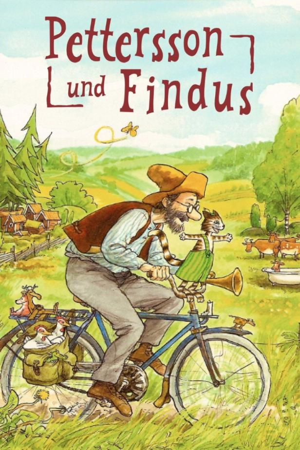 Pettersson und Findus fahren mit einem Fahrrad durch eine ländliche Szene.