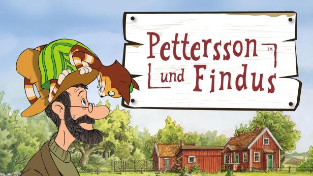 Illustration von Pettersson und Findus vor dem Schild „Pettersson und Findus“.