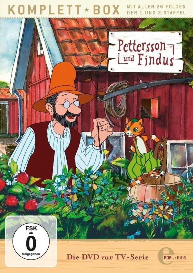 Das Cover der DVD-Box „Pettersson und Findus“ mit Pettersson und Findus vor einem roten Haus.