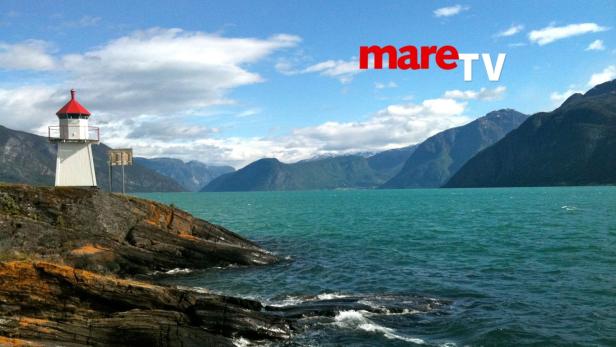 Ein Leuchtturm steht an der Küste eines Fjords mit Bergen im Hintergrund.