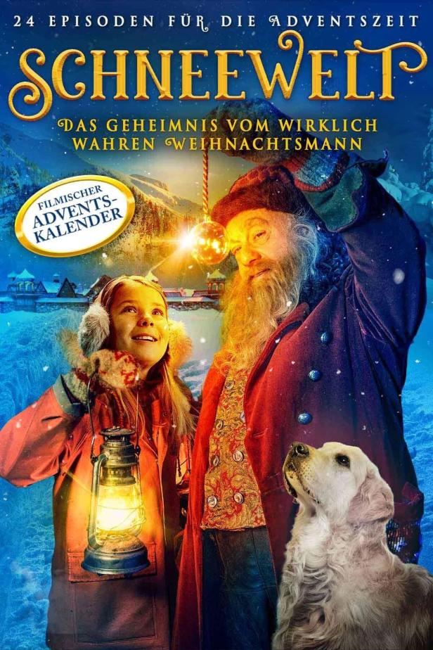 Das Cover des Films „Schneewelt: Das Geheimnis vom wirklich wahren Weihnachtsmann“ zeigt ein Mädchen, den Weihnachtsmann und einen Hund.