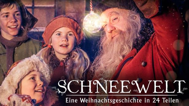 Das Filmplakat für „Schneewelt: Eine Weihnachtsgeschichte in 24 Teilen“ zeigt Kinder und den Weihnachtsmann.