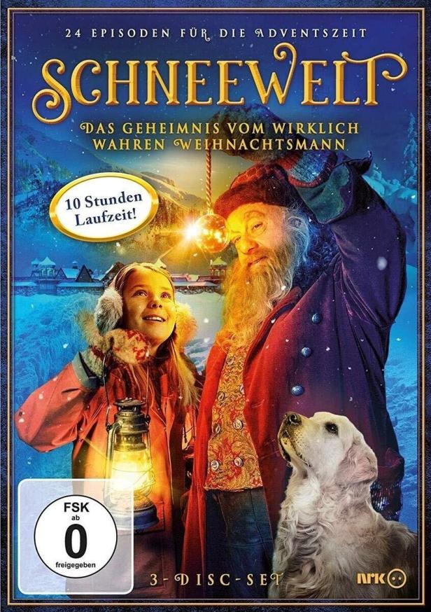 Das Cover der DVD „Schneewelt – Das Geheimnis vom wirklich wahren Weihnachtsmann“ mit einem Mädchen, dem Weihnachtsmann und einem Hund.