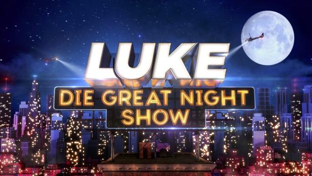 Das Logo für „Luke! Die Great Night Show“ vor einer nächtlichen Stadtkulisse mit Mond und Hubschraubern.