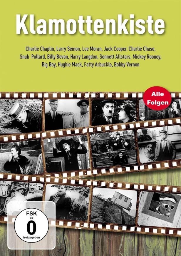 Das Cover der DVD „Klamottenkiste“ zeigt Stummfilmszenen mit Charlie Chaplin und Fatty Arbuckle.