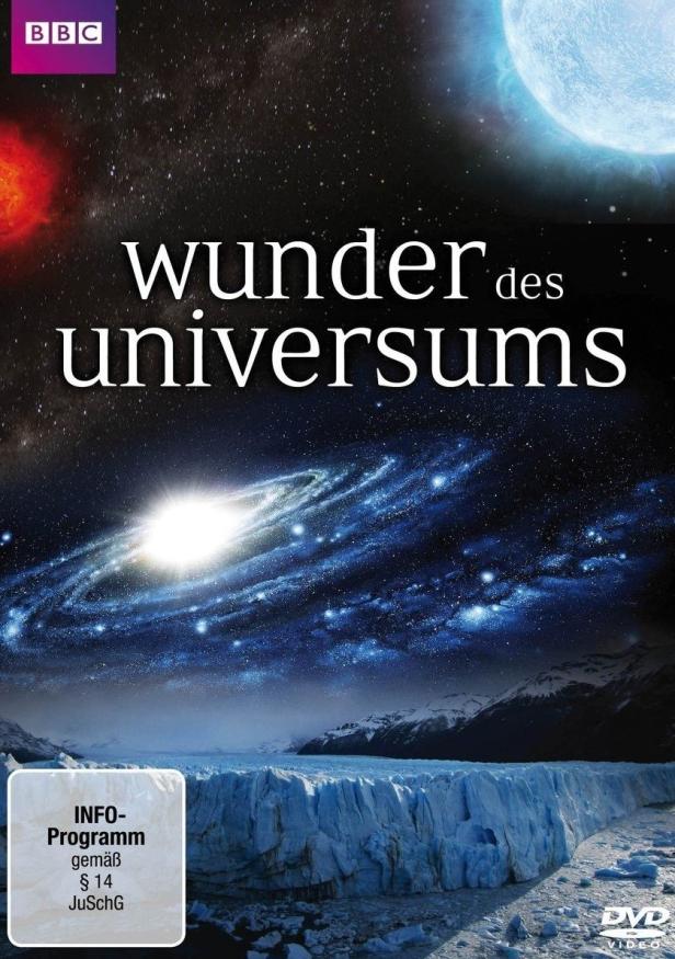 Das Cover der BBC-Dokumentation „Wunder des Universums“ zeigt einen Gletscher unter einem Sternenhimmel.