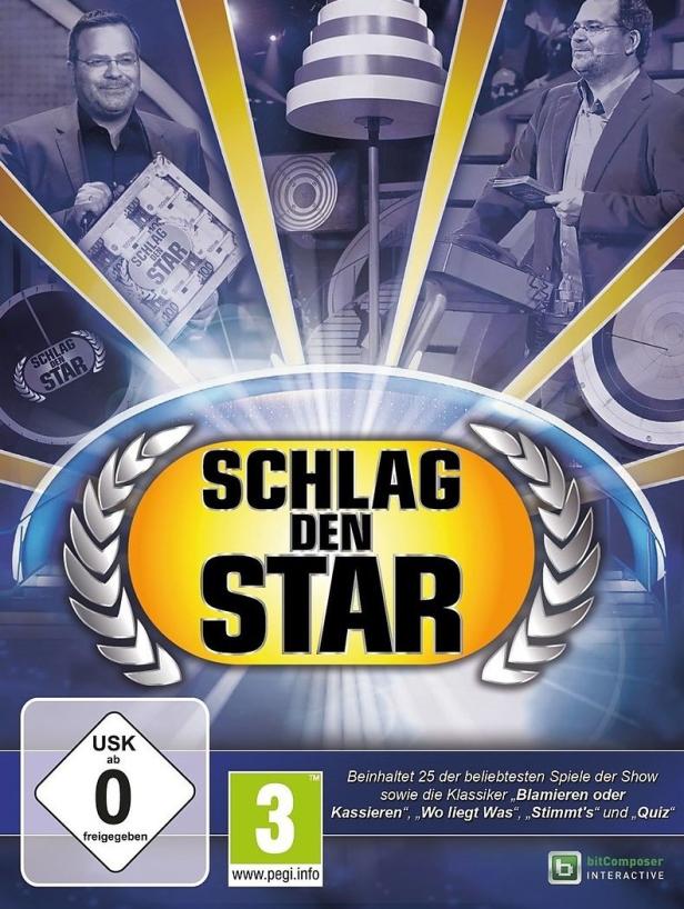 Das Cover des Videospiels „Schlag den Star“ mit den Moderatoren und Spielelementen.