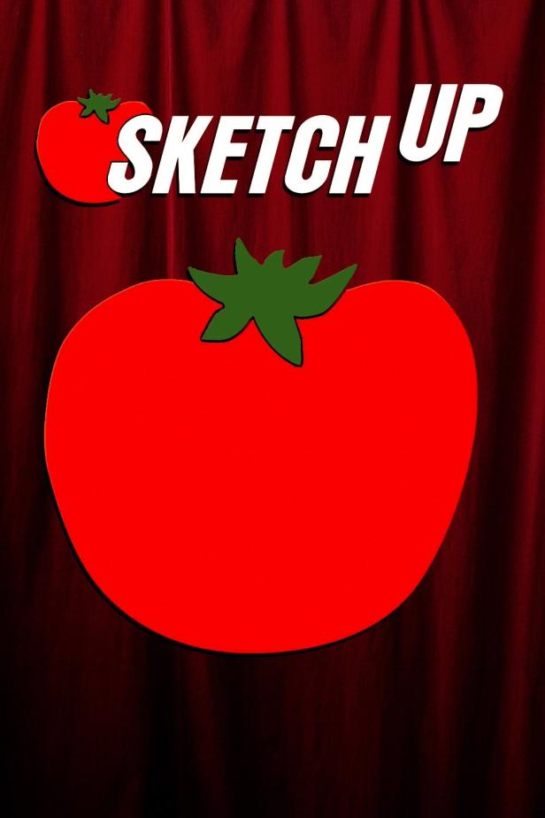 Das Wort „Sketch Up“ mit zwei Tomaten vor einem roten Vorhang.
