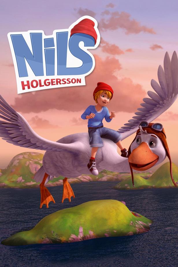 Nils Holgersson reitet auf einer Gans mit Fliegermütze über eine Seenlandschaft.