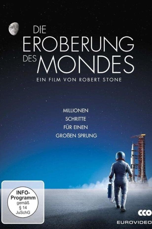 Das Filmplakat für „Die Eroberung des Mondes“ zeigt einen Astronauten vor einer Rakete.