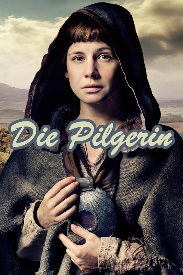 Eine junge Frau in Pilgerkleidung hält eine Feldflasche vor einem wüstenartigen Hintergrund.