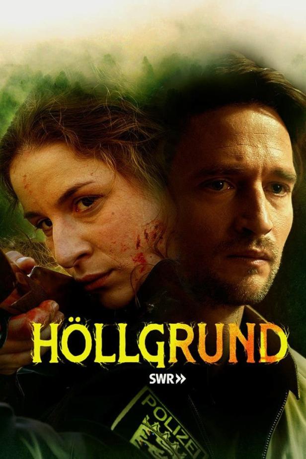 Das Filmplakat für „Höllgrund“ zeigt eine verletzte Frau und einen Polizisten.