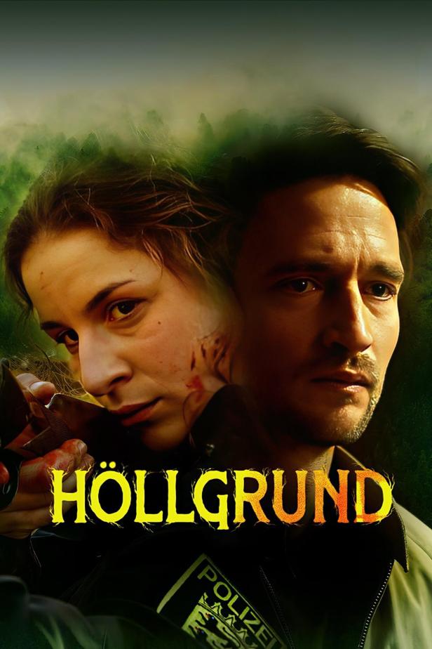 Das Filmplakat für „Höllgrund“ zeigt eine verletzte Frau und einen Polizisten vor einem grünen Hintergrund.