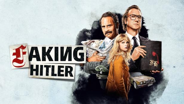 Das Poster zur Serie „Faking Hitler“ zeigt Charaktere, Geld, eine Auto und ein gefälschtes Tagebuch.